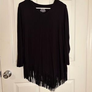 White House Black Market Black Long Sleeve Fringe Hem Tunic